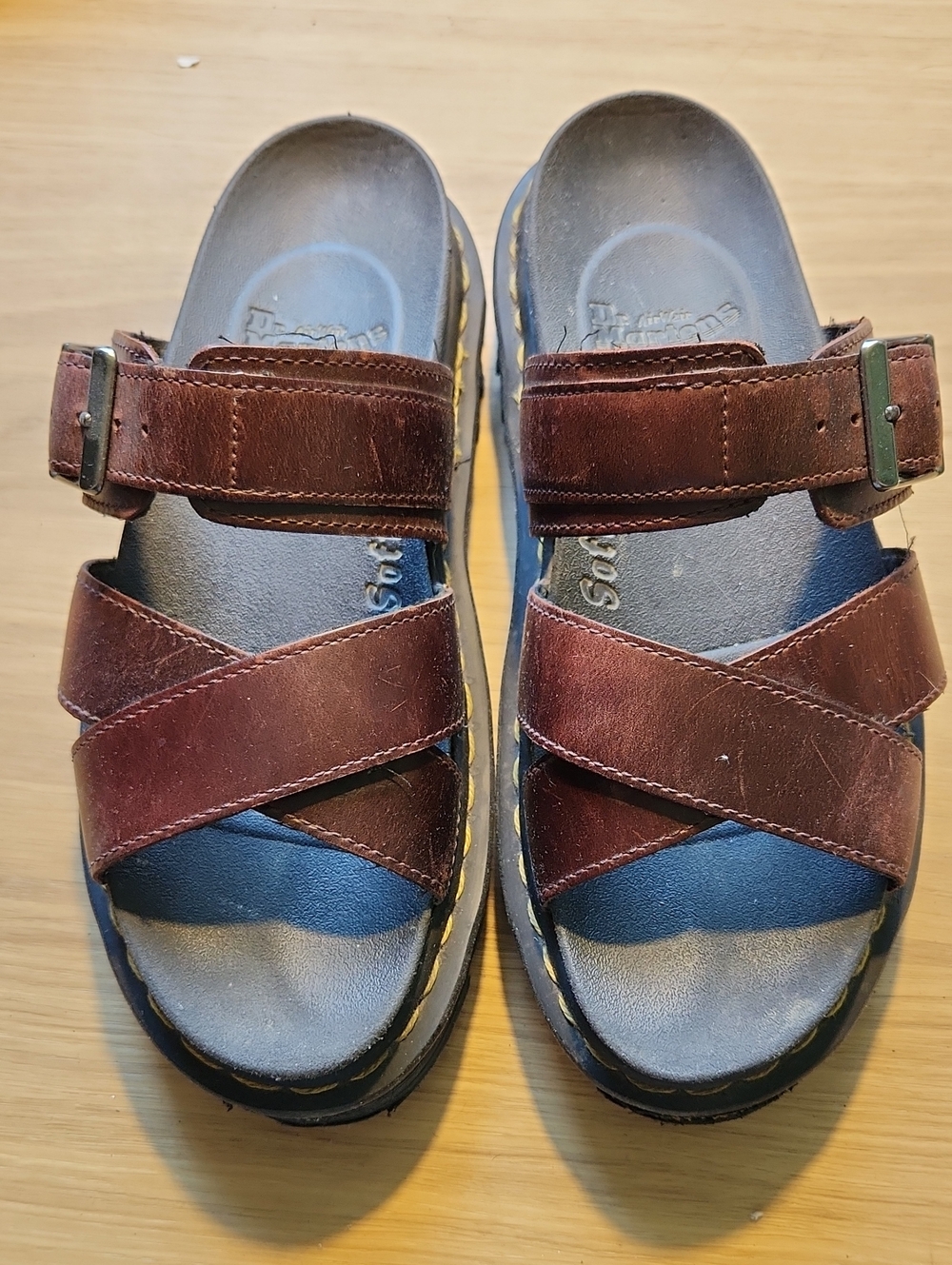 Dr Martens Brown Leather Cross-Strap Slide Sandals